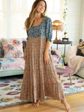 Natural Life Colette XL Tiered Maxi Dress Whimsical Paisley Floral Peasant Boho